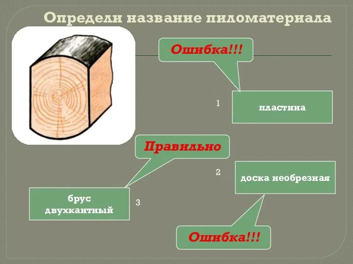 пластина брус двухкантный доска необрезная Правильно Ошибка!!! Ошибка!!! Определи название пиломатериала 1 2 3