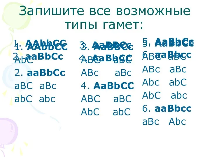 Запишите все возможные типы гамет: 1. AAbbCC 2. aaBbCc 3.