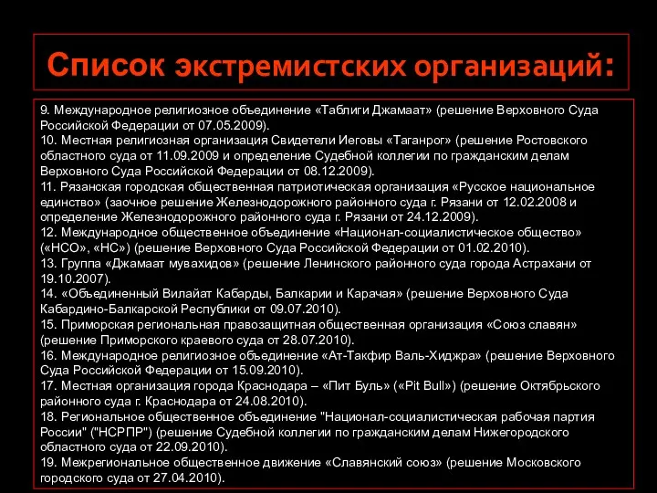 Список экстремистских организаций: 9. Международное религиозное объединение «Таблиги Джамаат» (решение