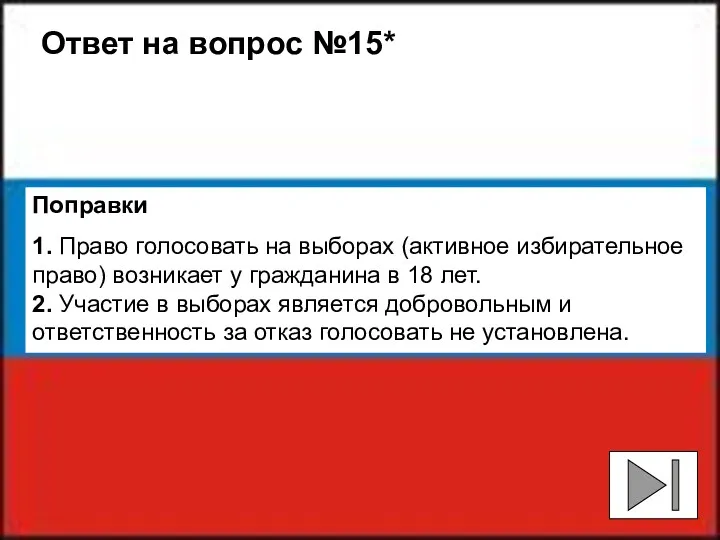 Ответ на вопрос №15* Поправки 1. Право голосовать на выборах