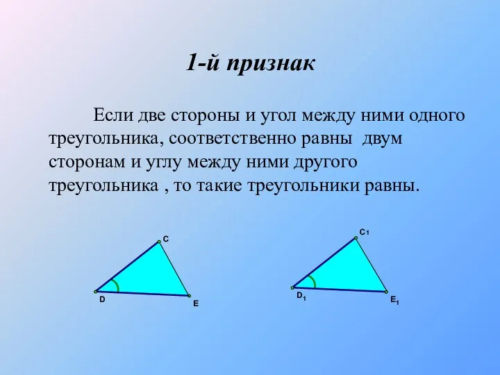 1-й признак Если две стороны и угол между ними одного треугольника, соответственно равны