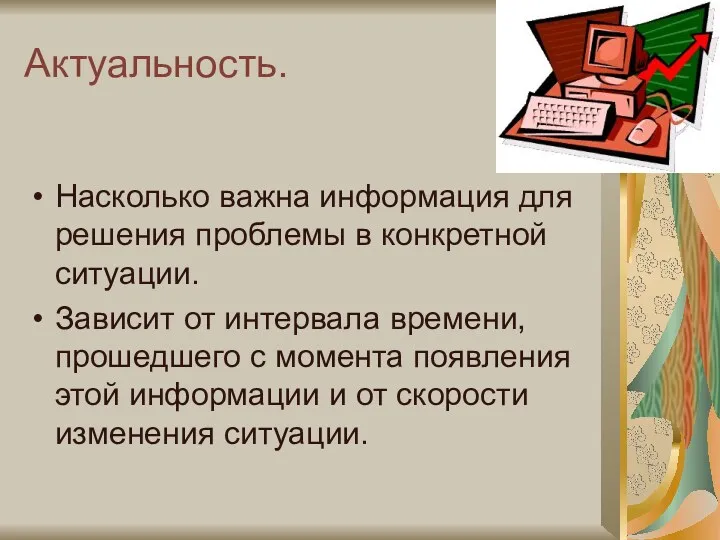 Актуальность. Насколько важна информация для решения проблемы в конкретной ситуации. Зависит от интервала