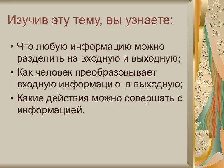 Изучив эту тему, вы узнаете: Что любую информацию можно разделить на входную и