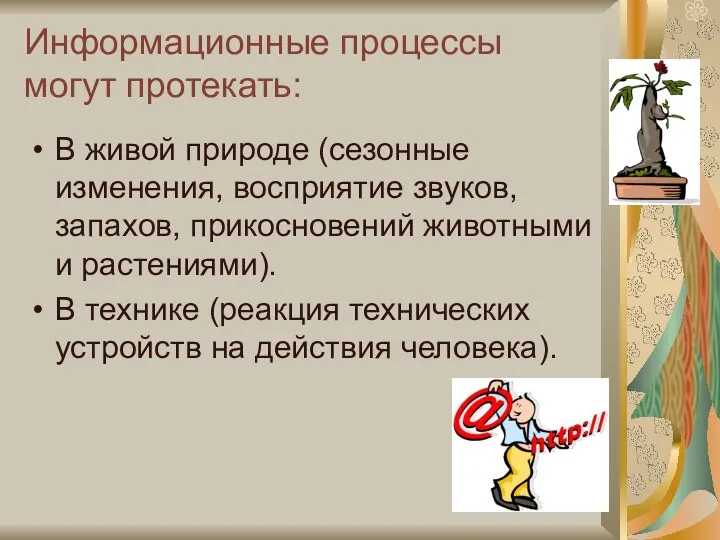 Информационные процессы могут протекать: В живой природе (сезонные изменения, восприятие звуков, запахов, прикосновений