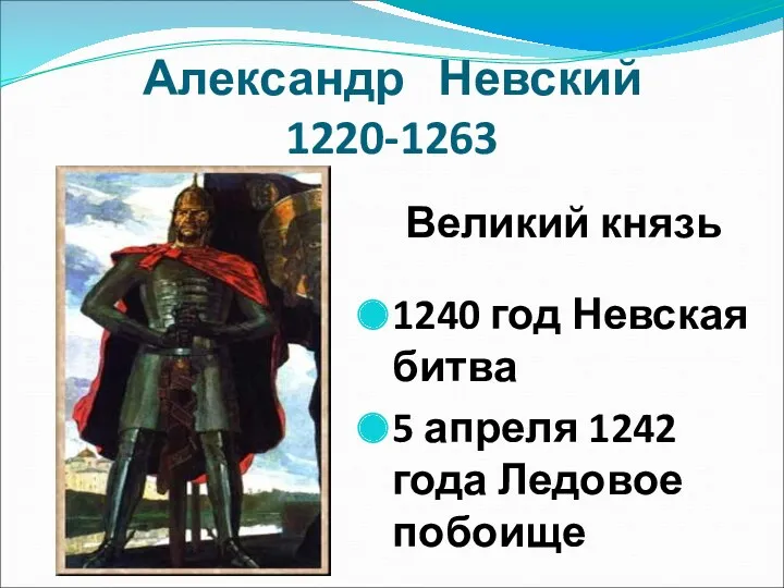 Александр Невский 1220-1263 Великий князь 1240 год Невская битва 5 апреля 1242 года Ледовое побоище