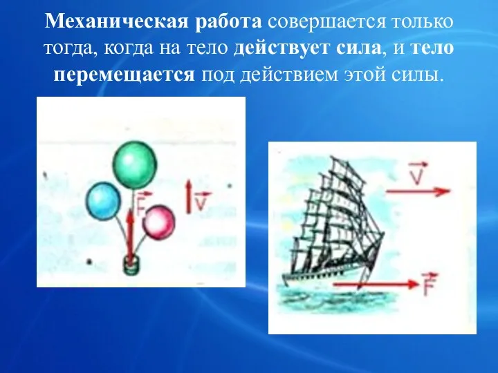 Механическая работа совершается только тогда, когда на тело действует сила,