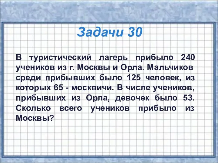 Задачи 30 В туристический лагерь прибыло 240 учеников из г.