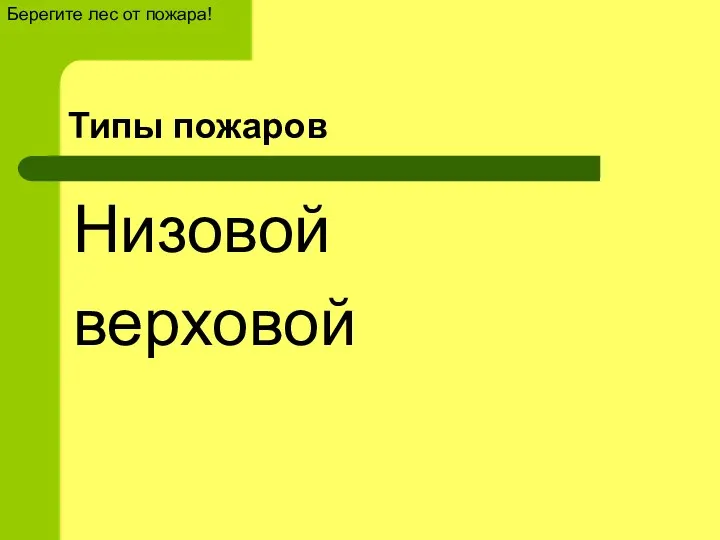 Типы пожаров Низовой верховой Берегите лес от пожара!