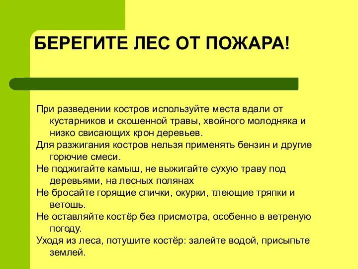 БЕРЕГИТЕ ЛЕС ОТ ПОЖАРА! При разведении костров используйте места вдали