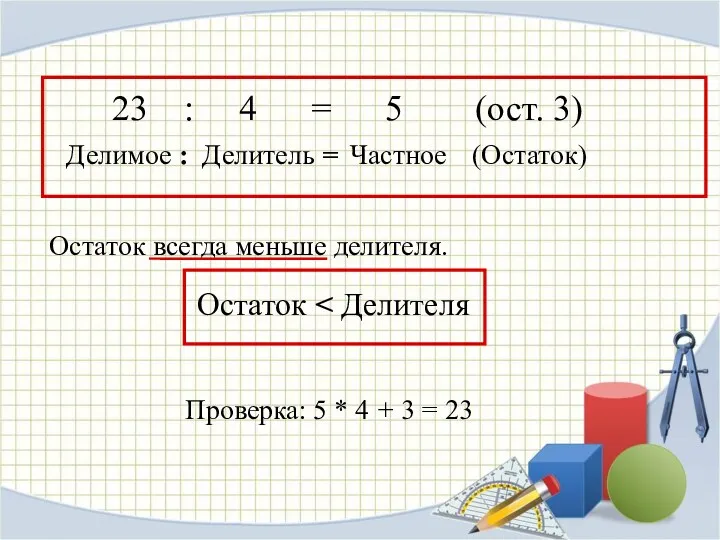 23 : 4 = 5 (ост. 3) Делимое : Делитель