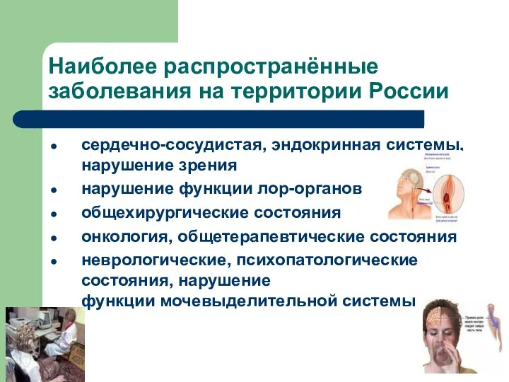 Наиболее распространённые заболевания на территории России сердечно-сосудистая, эндокринная системы, нарушение