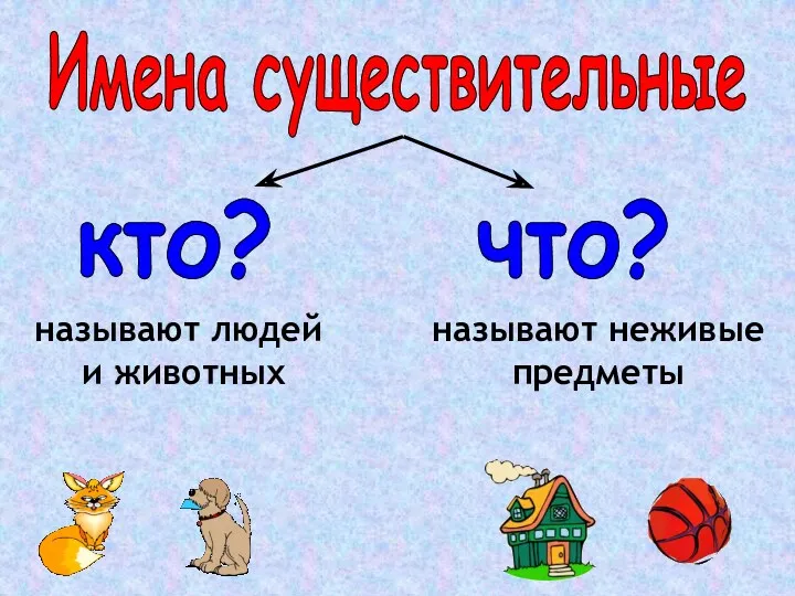 что? кто? называют неживые предметы называют людей и животных Имена существительные