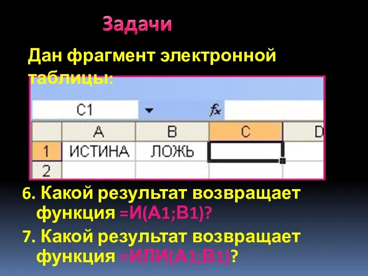 6. Какой результат возвращает функция =И(А1;В1)? 7. Какой результат возвращает функция =ИЛИ(А1;В1)? Дан фрагмент электронной таблицы: