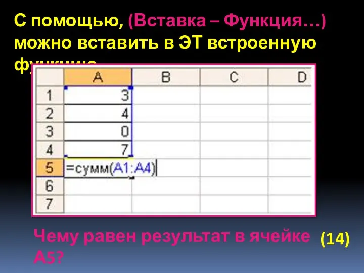 С помощью, (Вставка – Функция…) можно вставить в ЭТ встроенную