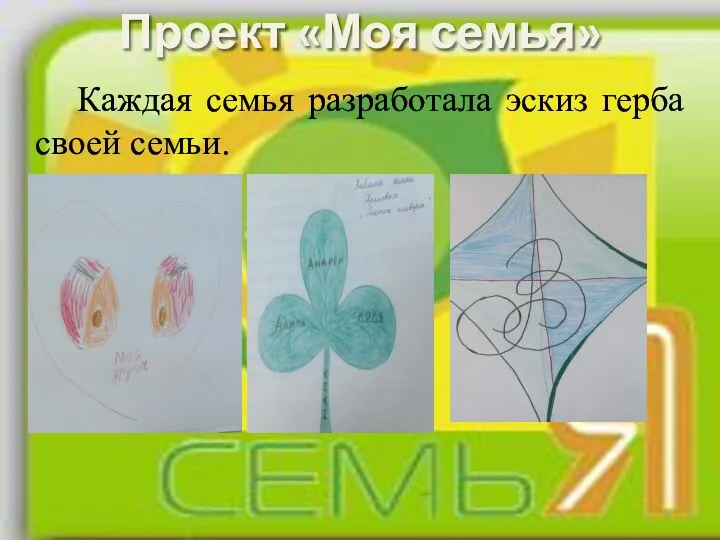 Проект «Моя семья» Каждая семья разработала эскиз герба своей семьи.