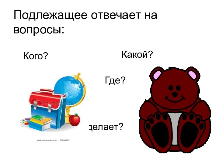 Подлежащее отвечает на вопросы: Какой? Что? Где? Кого? Что делает? Кто? Сколько? Чем?