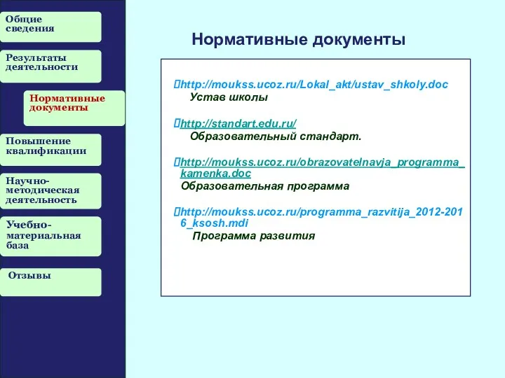 Общие сведения Результаты деятельности Нормативные документы Повышение квалификации Научно-методическая деятельность