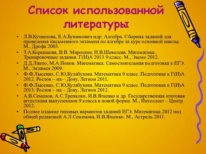 Список использованной литературы Л.В.Кузнецова, Е.А.Бунимович идр. Алгебра. Сборник заданий для