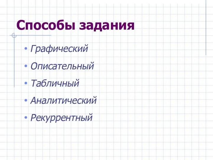 Способы задания Графический Описательный Табличный Аналитический Рекуррентный