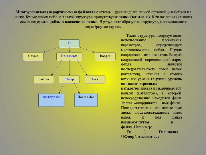 Многоуровневая (иерархическая) файловая система – древовидный способ организации файлов на