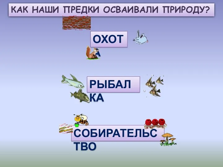 КАК НАШИ ПРЕДКИ ОСВАИВАЛИ ПРИРОДУ? ОХОТА РЫБАЛКА СОБИРАТЕЛЬСТВО