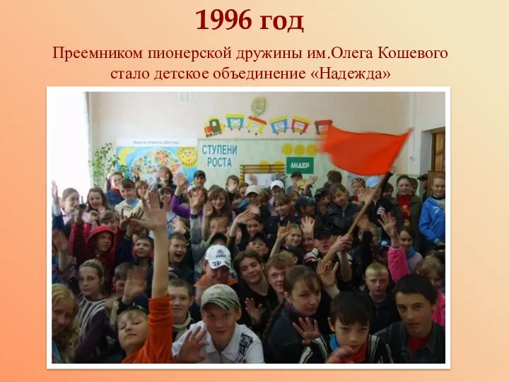 1996 год Преемником пионерской дружины им.Олега Кошевого стало детское объединение «Надежда»