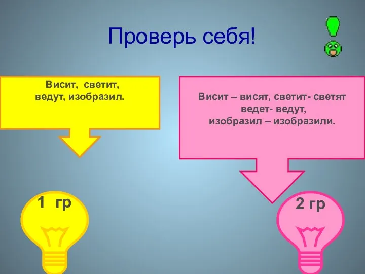 Проверь себя! Висит, светит, ведут, изобразил. Висит – висят, светит-