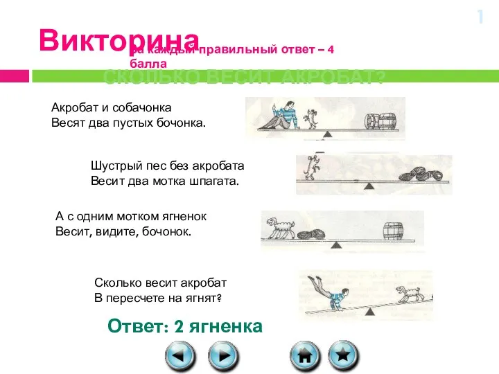 Викторина Сколько весит акробат? За каждый правильный ответ – 4 балла Акробат и