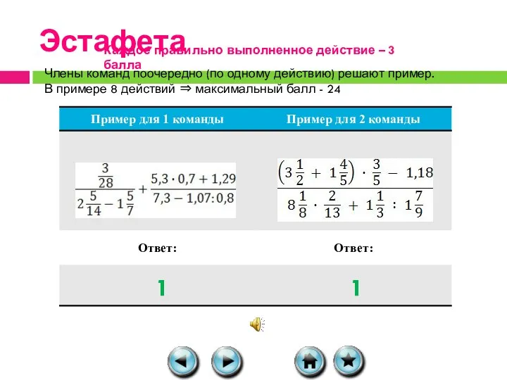 Эстафета Каждое правильно выполненное действие – 3 балла Члены команд поочередно (по одному