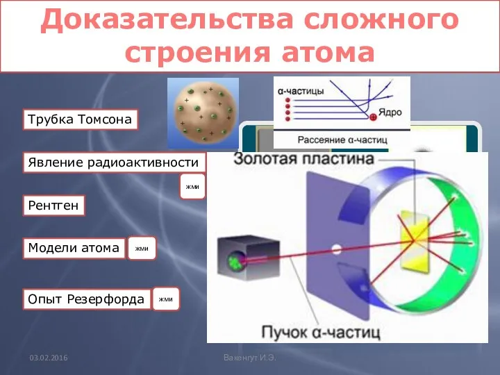 Трубка Томсона Доказательства сложного строения атома Явление радиоактивности Опыт Резерфорда Модели атома Рентген