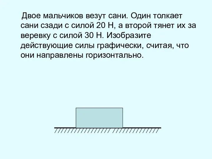 Двое мальчиков везут сани. Один толкает сани сзади с силой