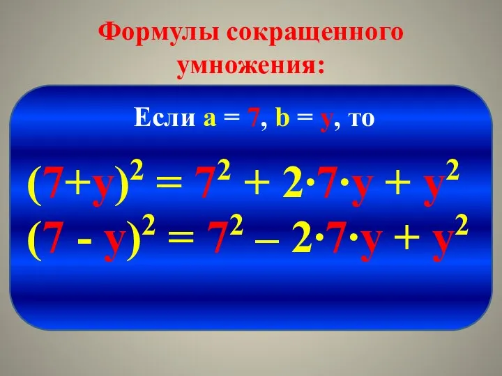 Формулы сокращенного умножения: (7+у)2 = 72 + 2∙7∙у + у2 (7 - у)2