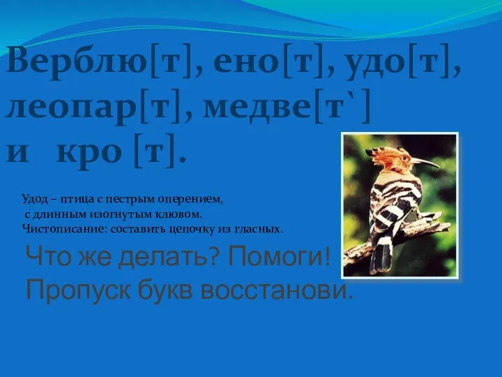 Что же делать? Помоги! Пропуск букв восстанови. Верблю[т], ено[т], удо[т],