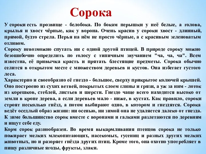 У сороки есть прозвище - белобока. По бокам перышки у