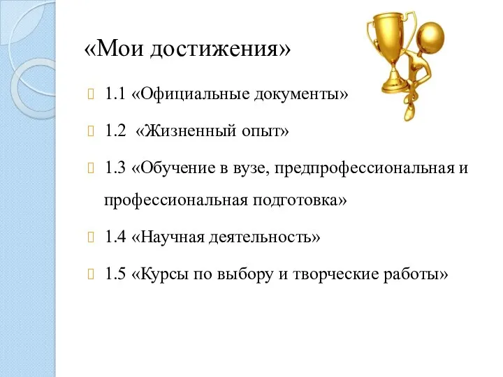 «Мои достижения» 1.1 «Официальные документы» 1.2 «Жизненный опыт» 1.3 «Обучение