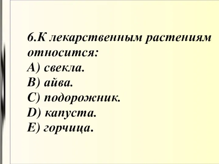 6.К лекарственным растениям относится: A) свекла. B) айва. C) подорожник. D) капуста. E) горчица.