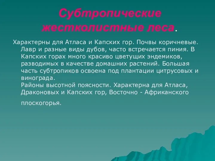 Субтропические жестколистные леса. Характерны для Атласа и Капских гор. Почвы