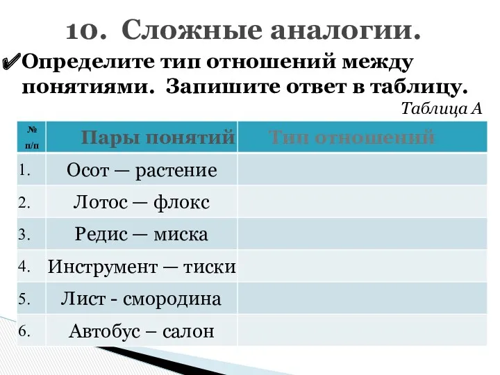 10. Сложные аналогии. Определите тип отношений между понятиями. Запишите ответ в таблицу. Таблица А