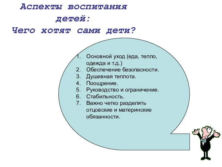 Аспекты воспитания детей: Чего хотят сами дети? Основной уход (еда, тепло, одежда и