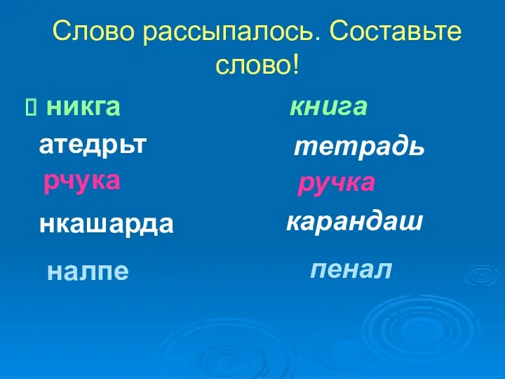 Слово рассыпалось. Составьте слово! никга книга атедрьт тетрадь рчука ручка нкашарда карандаш налпе пенал