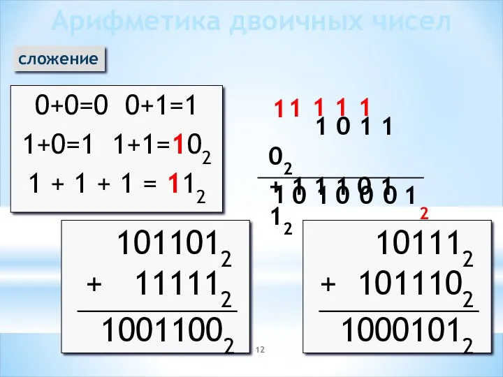 Арифметика двоичных чисел сложение 0+0=0 0+1=1 1+0=1 1+1=102 1 +