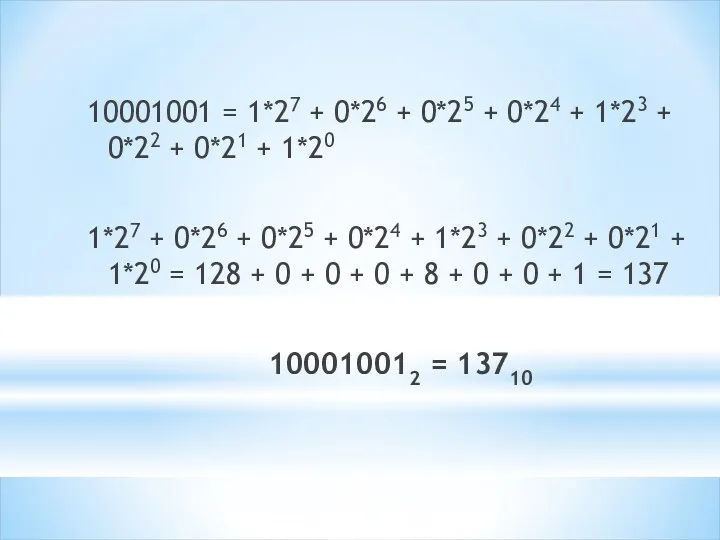 10001001 = 1*27 + 0*26 + 0*25 + 0*24 +