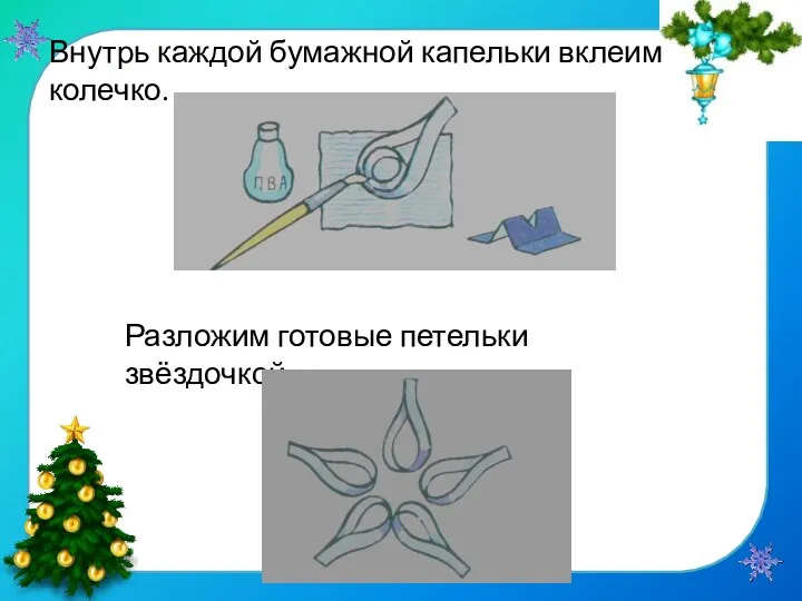 Внутрь каждой бумажной капельки вклеим колечко. Разложим готовые петельки звёздочкой.