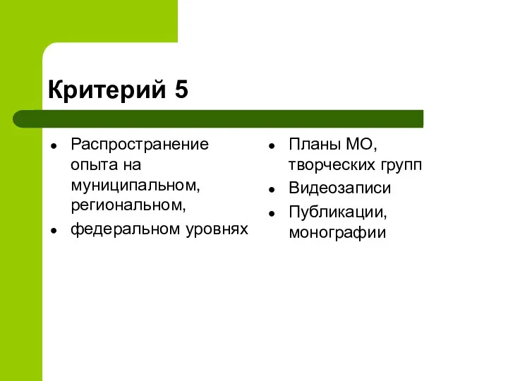 Критерий 5 Распространение опыта на муниципальном, региональном, федеральном уровнях Планы МО, творческих групп Видеозаписи Публикации, монографии