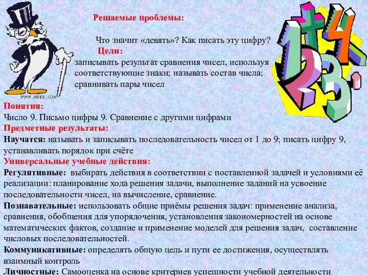 Решаемые проблемы: Что значит «девять»? Как писать эту цифру? Цели: