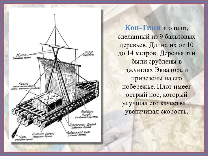 Кон-Тики это плот, сделанный из 9 бальзовых деревьев. Длина их от 10 до