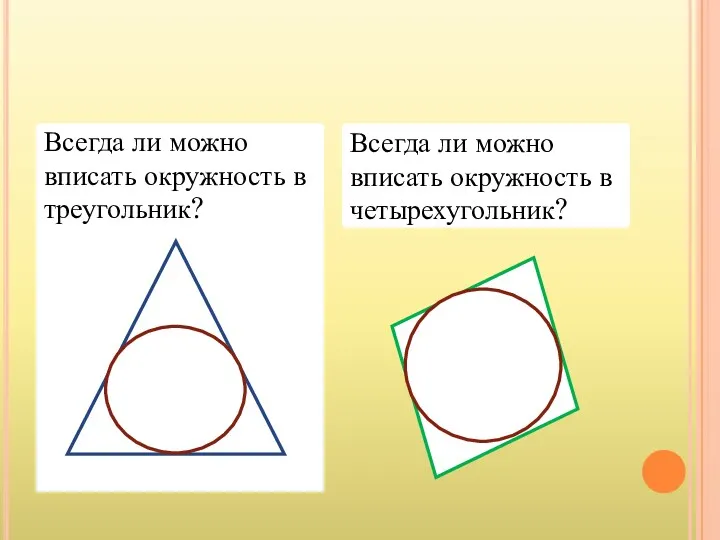 Всегда ли можно вписать окружность в треугольник? Всегда ли можно вписать окружность в четырехугольник?