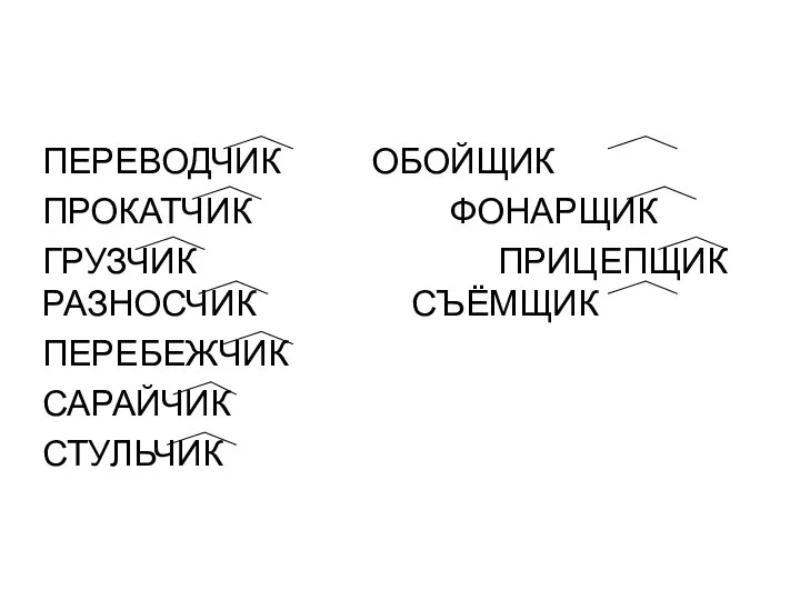 ПЕРЕВОДЧИК ОБОЙЩИК ПРОКАТЧИК ФОНАРЩИК ГРУЗЧИК ПРИЦЕПЩИК РАЗНОСЧИК CЪЁМЩИК ПЕРЕБЕЖЧИК САРАЙЧИК СТУЛЬЧИК