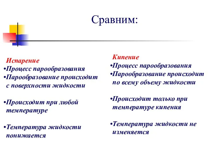 Сравним: Испарение Процесс парообразования Парообразование происходит с поверхности жидкости Происходит