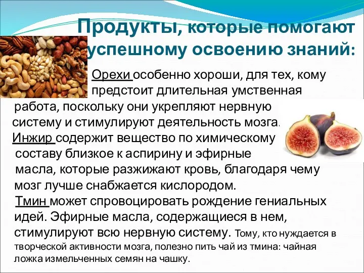 Продукты, которые помогают успешному освоению знаний: Орехи особенно хороши, для